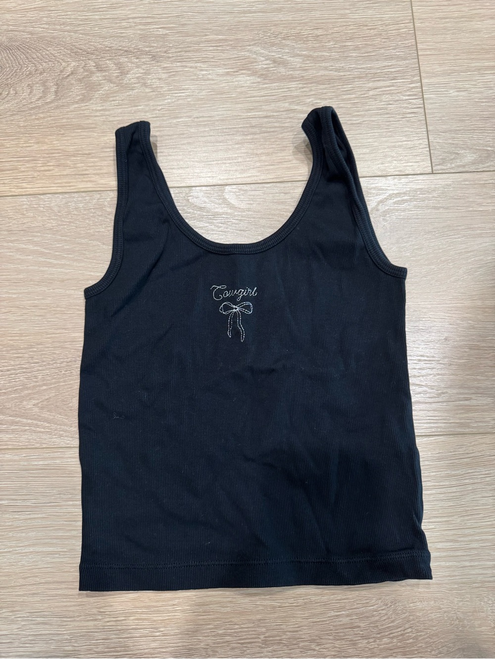 Brunette The Label Black Scoop Tank with Embroidered "Cowgirl"